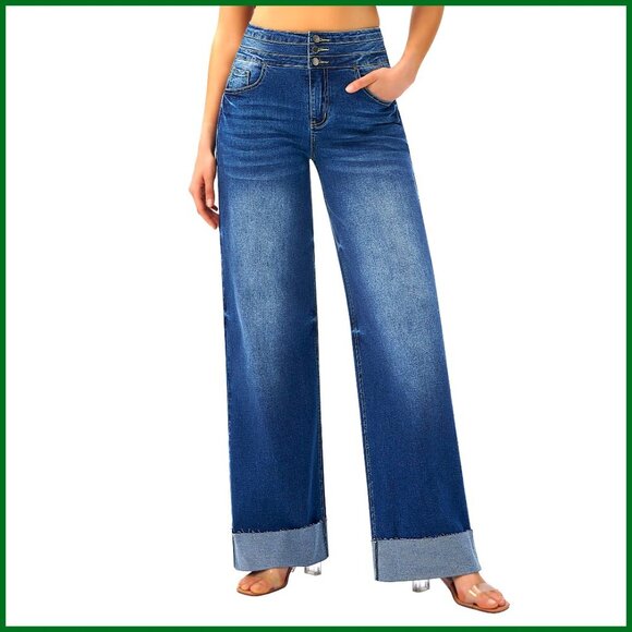 Denim - High Waisted Stretchy Wide Leg Jeans Cuffed Baggy Loose Denim Pants